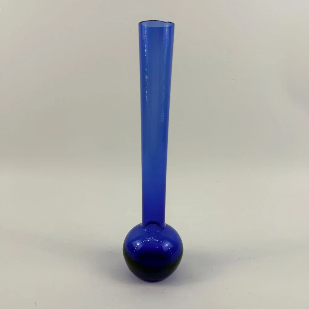 Vintage Hand Blown Cobalt Blue Art Glass Bud Vase Orb Ball Base Studio Glass